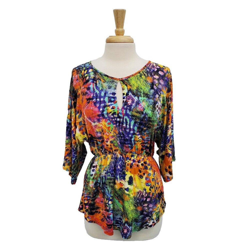 Peck & Peck Womens Career Top Size M Keyhole Neck Blouse Short Sleeve Multicolor